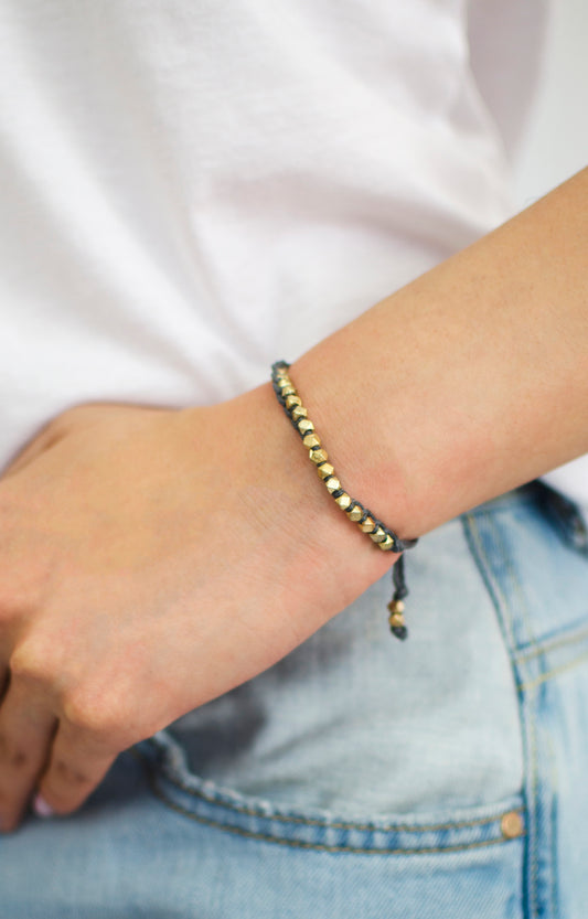 One Row Gold Nugget Woven Bracelet with Grey Cotton Cords