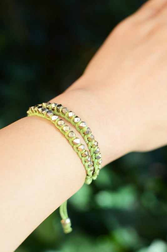 Two Row Gold Nugget Woven Bracelet with Light Green Cotton Cords