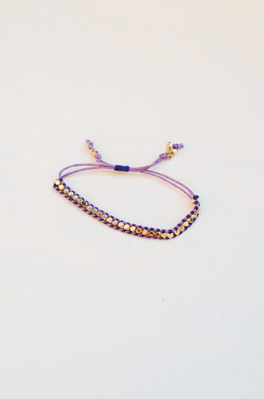 Rainbow One Row Gold Nugget Woven Bracelet with Purple Threads on Brown Cords