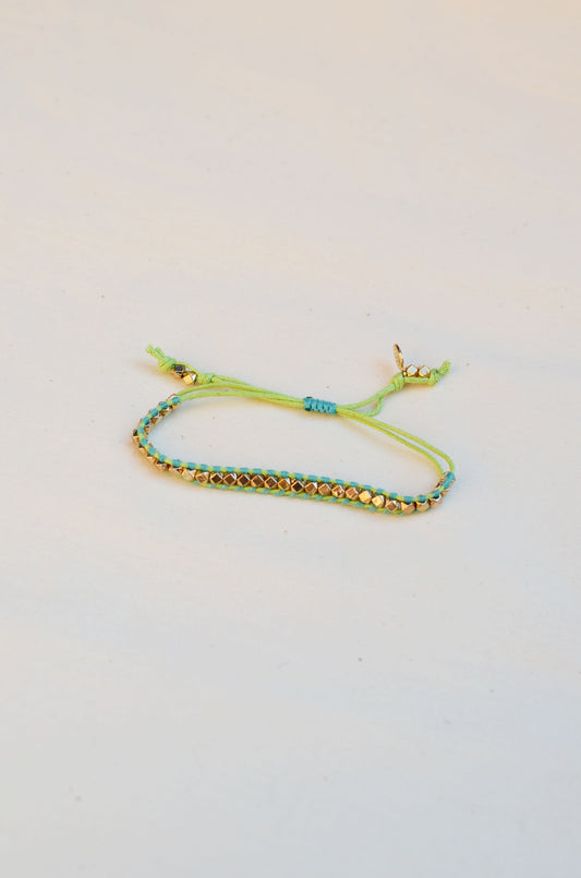 Rainbow One Row Gold Nugget Woven Bracelet with Teal Threads on Lime Cords