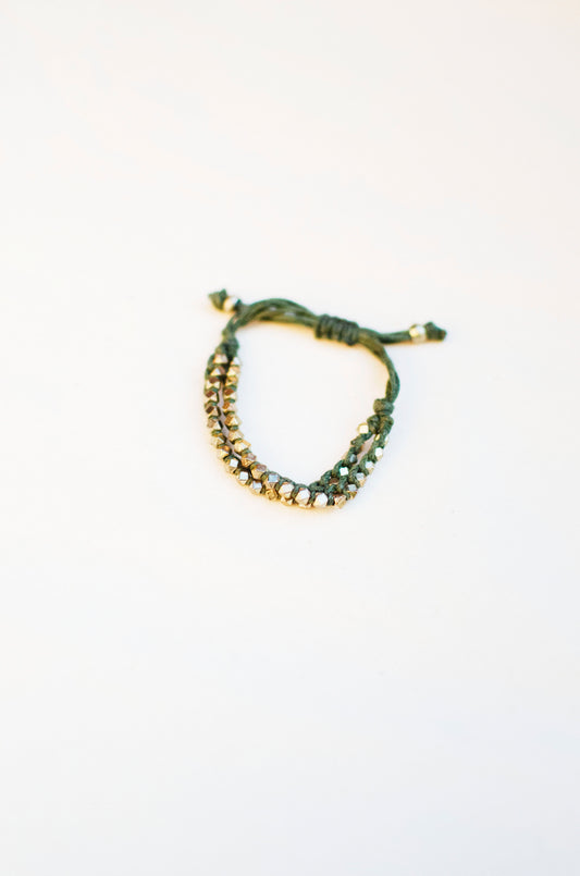Two Row Gold Nugget Woven Bracelet with Army Green Cotton Cords